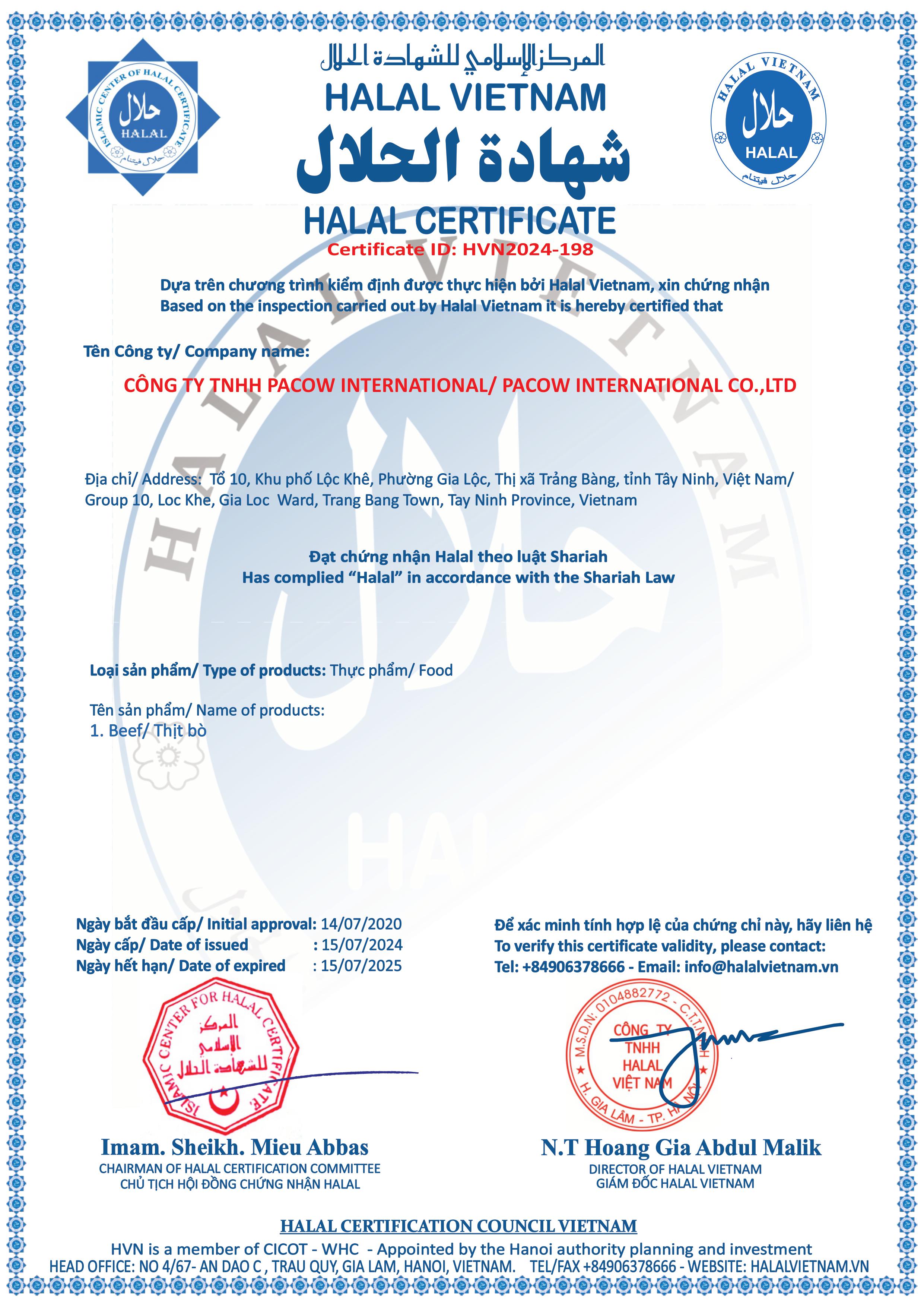 Chứng chỉ Halal Pacow 2024 2025