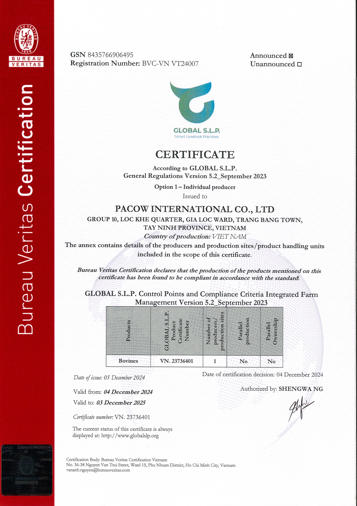 Chứng nhận Global S.L.P