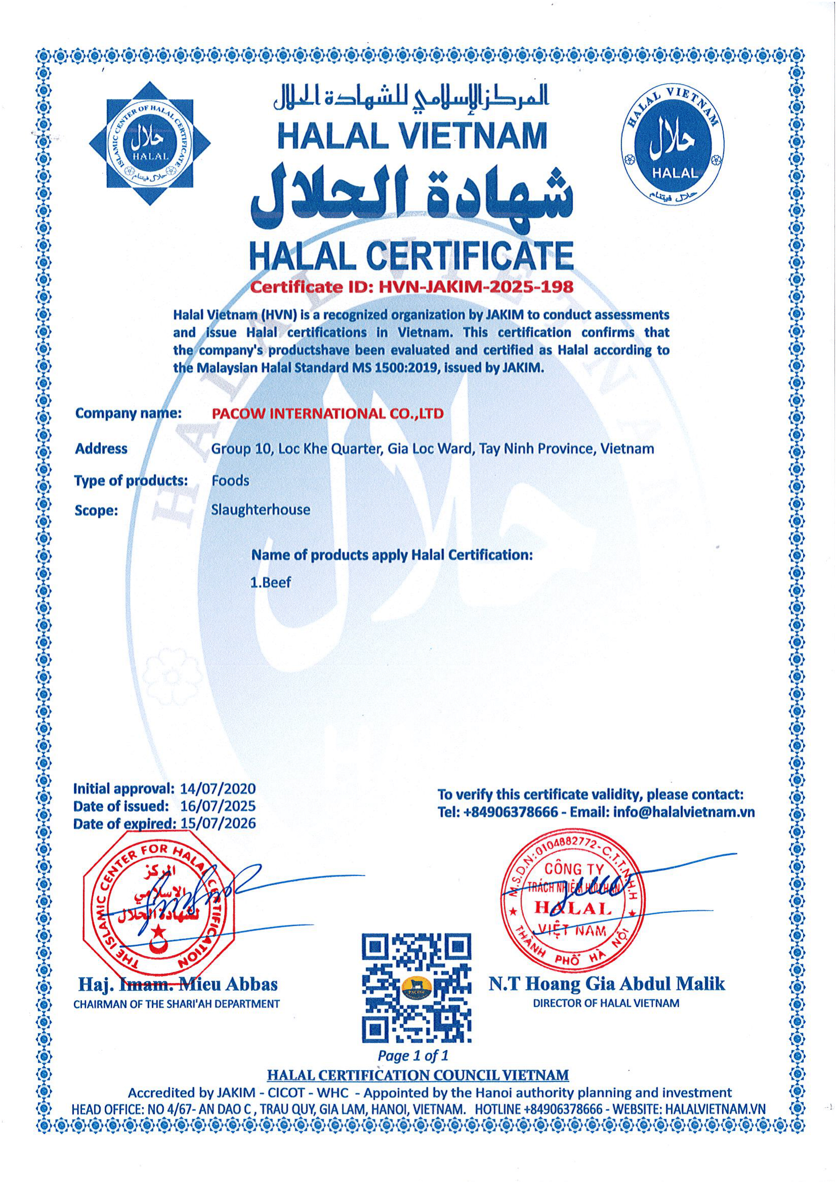 Chứng nhận Halal của Pacow International